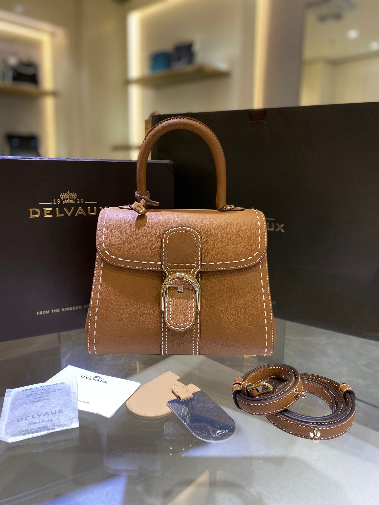 Delvaux Brillant Mini Leather Bag Camel Ferragens Douradas
