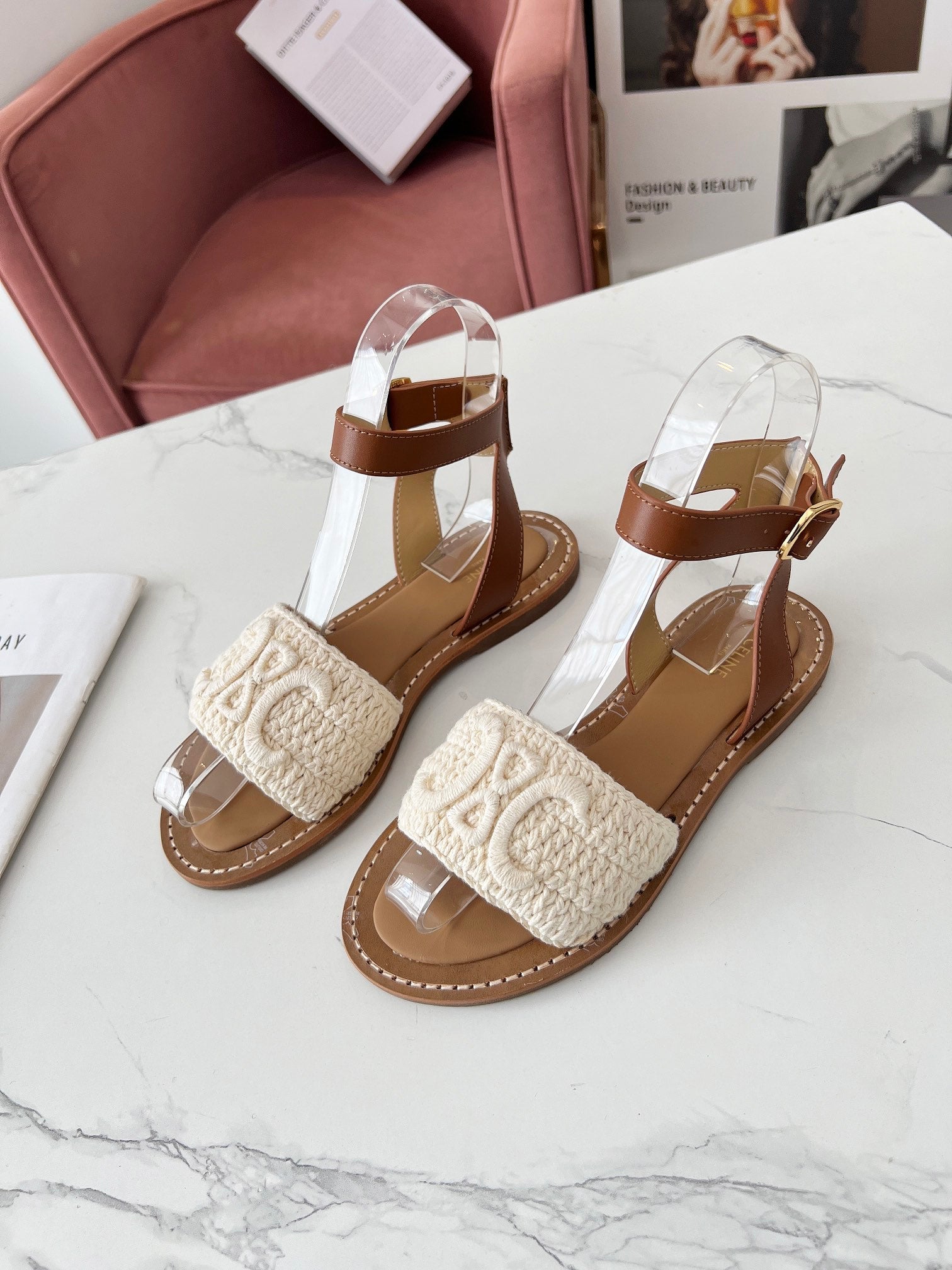CELINE LYMPIA SANDAL in TRIOMPHE MACCRAMÉ COTTON & CALFSKIN (Pronta entrega)