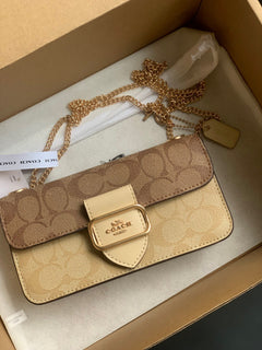 Coach Morgan Monogram Chain Crossbody Khaki Bege Ferragens Douradas