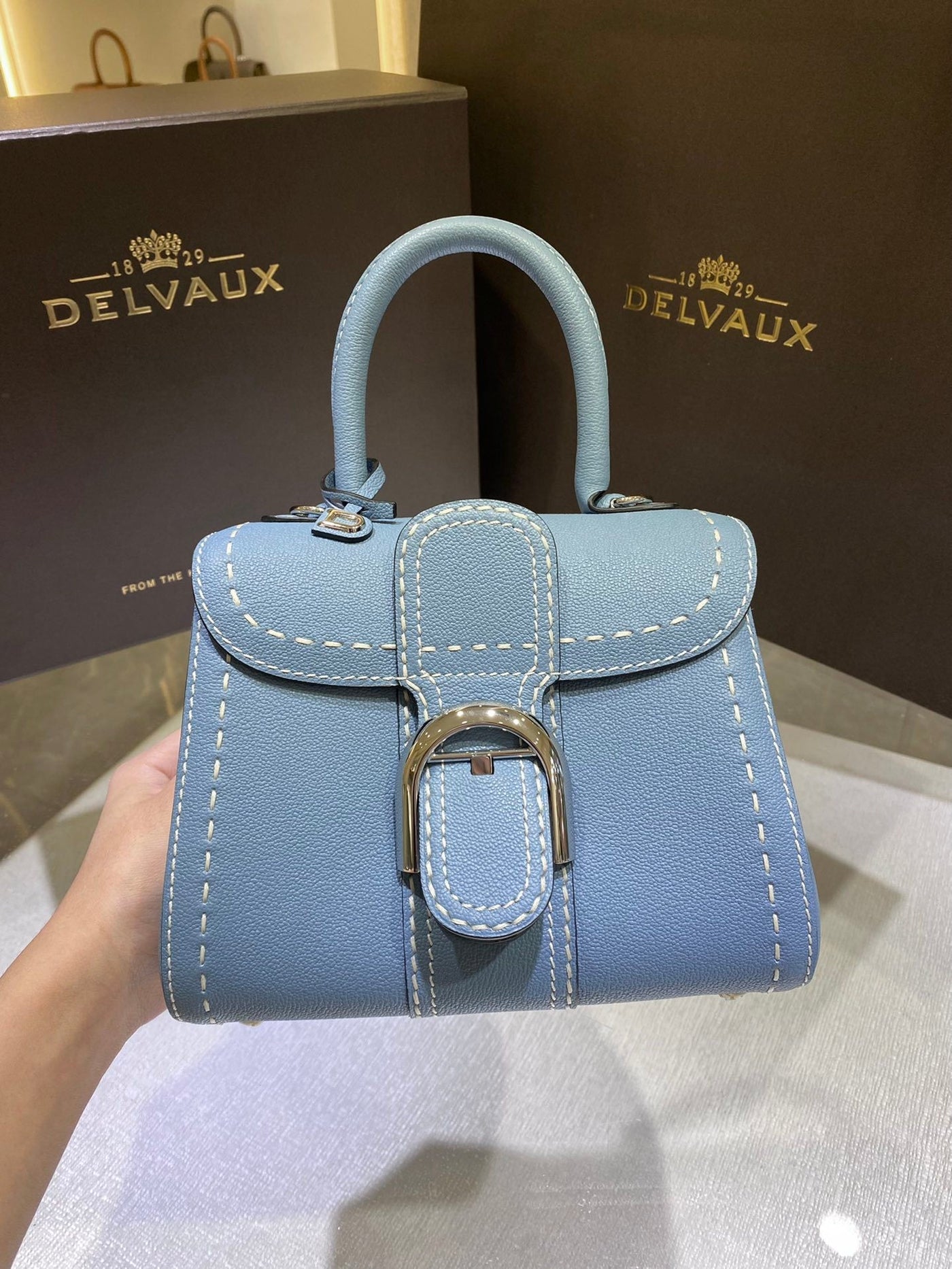 Delvaux Brillant Mini Leather Bag Cinza Blue Ferragens Prata