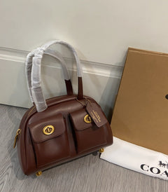 Coach Twin Turnlock Satchel Bag 20 Café Escuro Ferragens Douradas